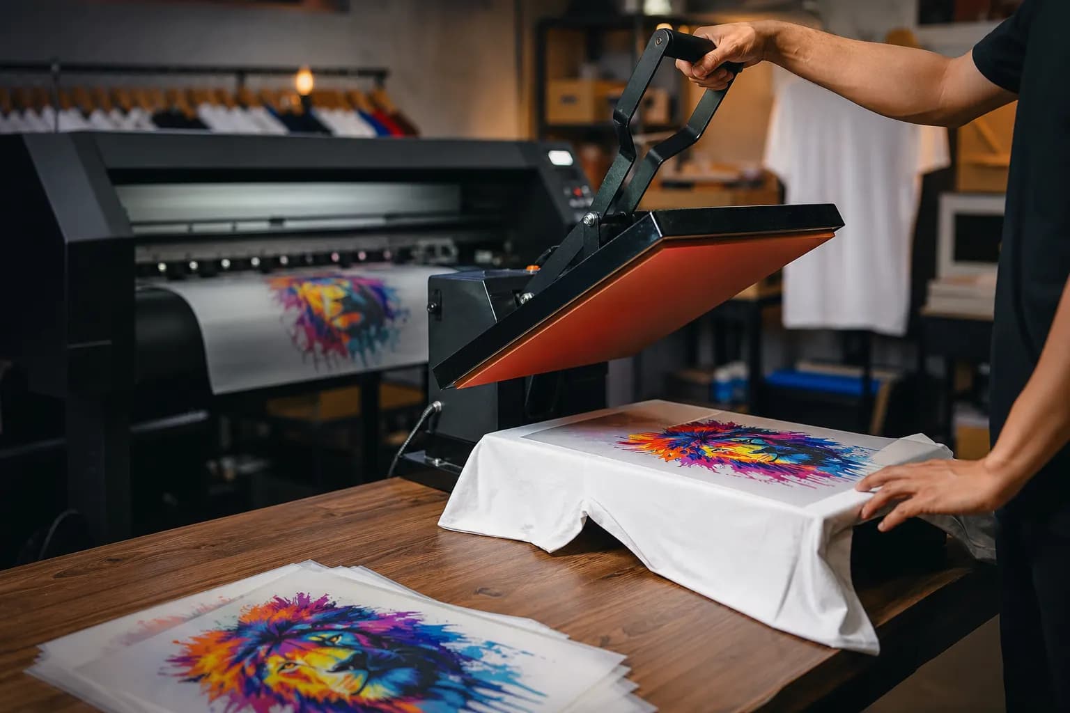 Prensa térmica aplicando un diseño DTF sobre una polera